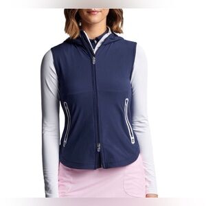 New Peter Millar Women’s Golf Navy Flex Adapt Full Zip Hooded Vest,Small w/ logo